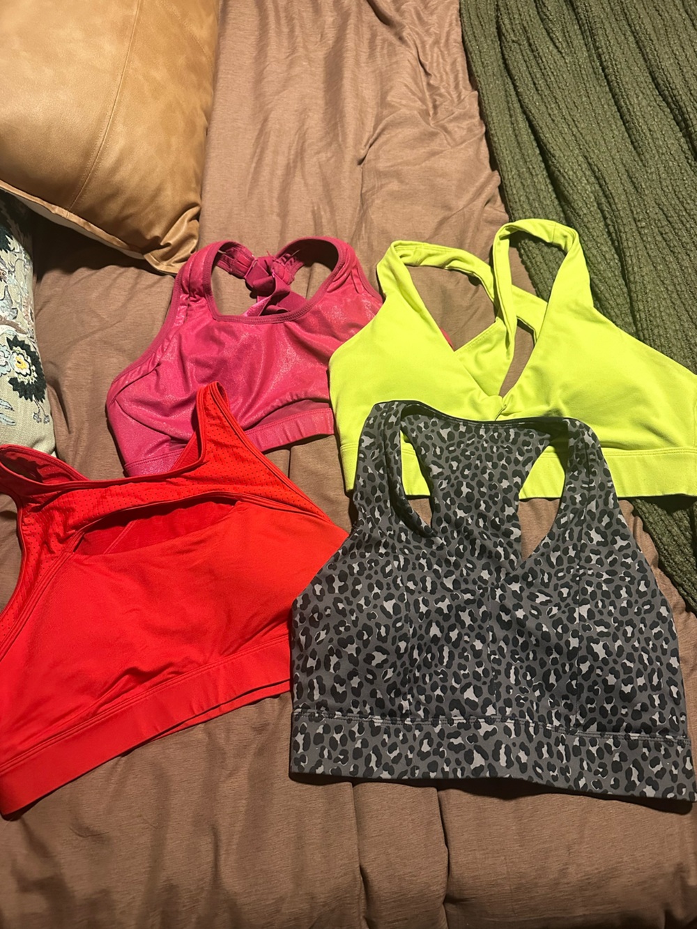 Fabletics Sports Bra Bundle in Neon Yellow, Hot Pink, Red & Gray Leopard